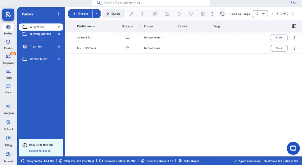 Multilogin X interface browser.