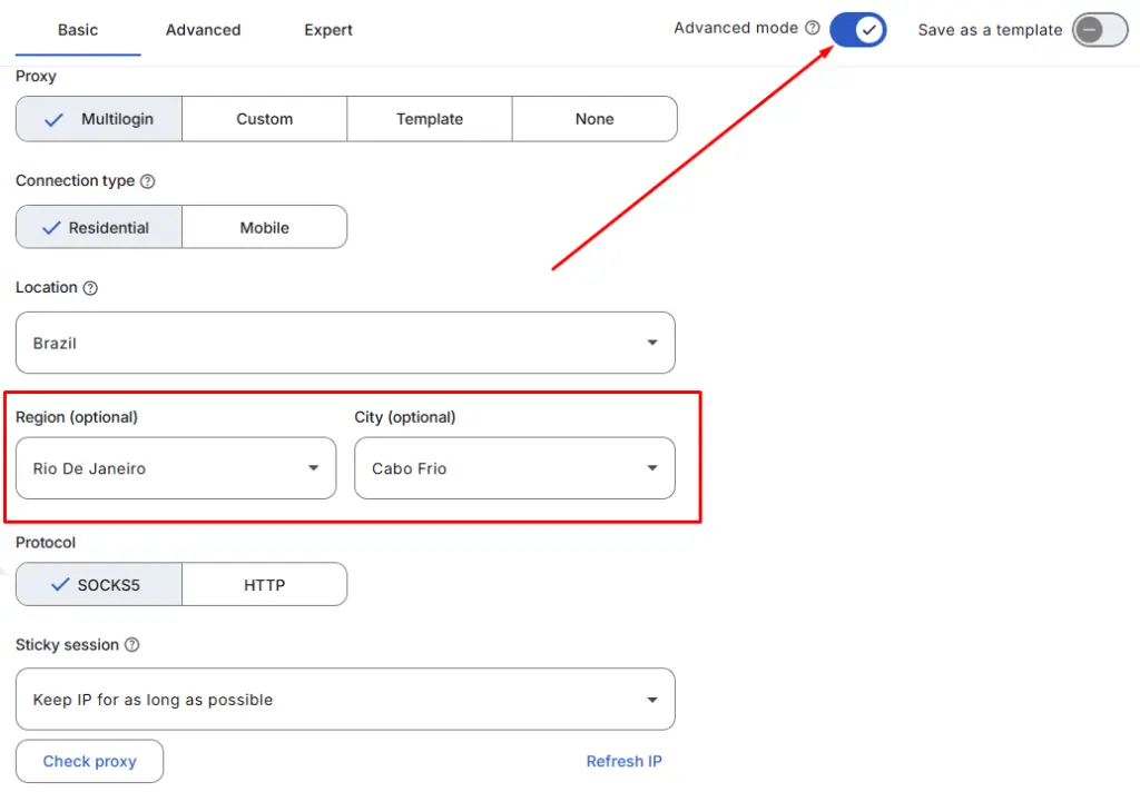 Proxy settings in Multilogin.