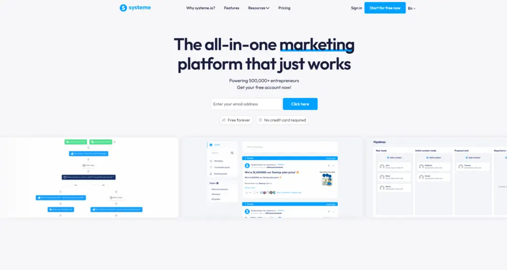 Systeme.io main page.