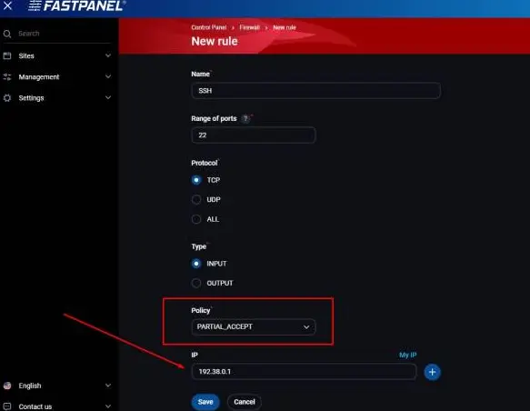 Configuring iptables in Fastpanel